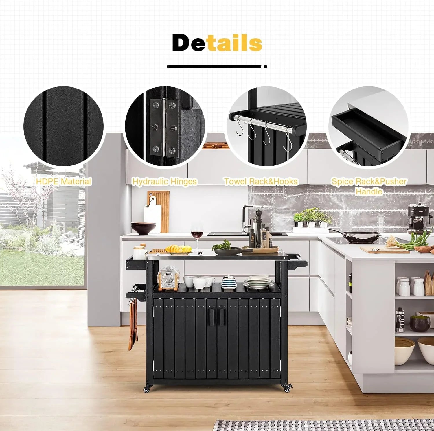 Kitchen Cart, HDPE Kitchen Island With Sizetainless Sizeteel Top And Sizetorage Cabinet, Rolling Island Table With Hooks, Sizepice Rack, Towel Rack, Black