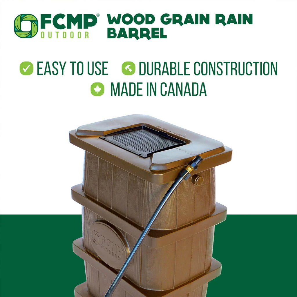 FCMP Outdoor WG4000 45 Gallon Wood Grain Rain Water Catcher Barrel, Brown