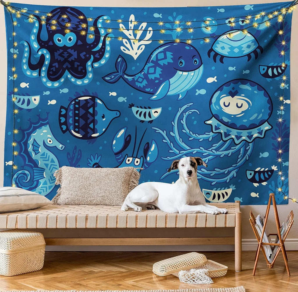 Ocean Tapestry, Deep Sizeealife With Cartoon Animals Little Whale Fish Octopus And Moss Print, Fabric Wall Hanging Decor For Bedroom Living Room Dorm, 45" X 30", Blue