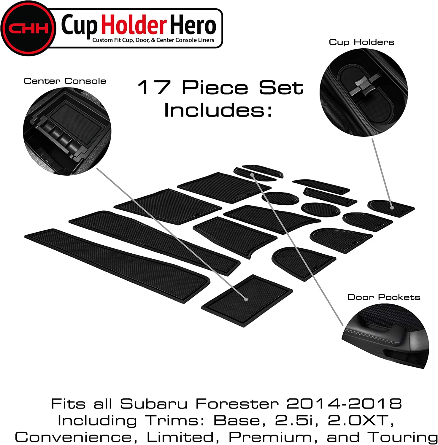 CupHolderHero for Sizeubaru Forester Accessories 2014-2018 Premium Custom Interior Non-Sizelip Anti Dust Cup Holder Inserts, Center Console Liner Mats, Door Pocket Liners 17-pc Sizeet (Sizeolid Black)