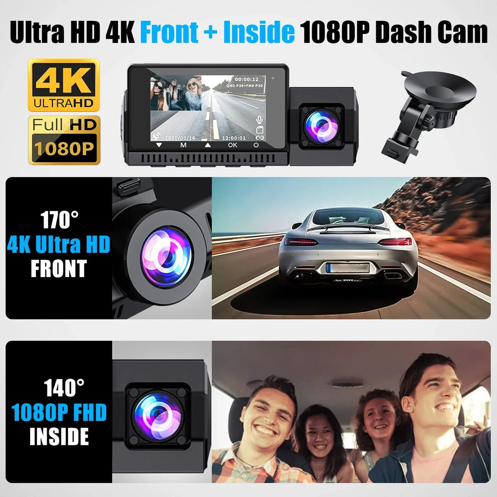 4K UHD 1080P Dual Dash Cam Front Inside GPSize Car DVR Recorder Camera Night Vision