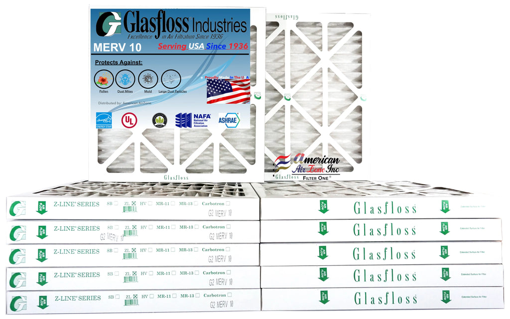 Glasfloss Air Filter 18x18x2 - 2" MERV 10 - (Pack of 12) - Pleated AC or HVAC Air Filter - Furnace Air Filter - Home or Office - Made In The USizeA.