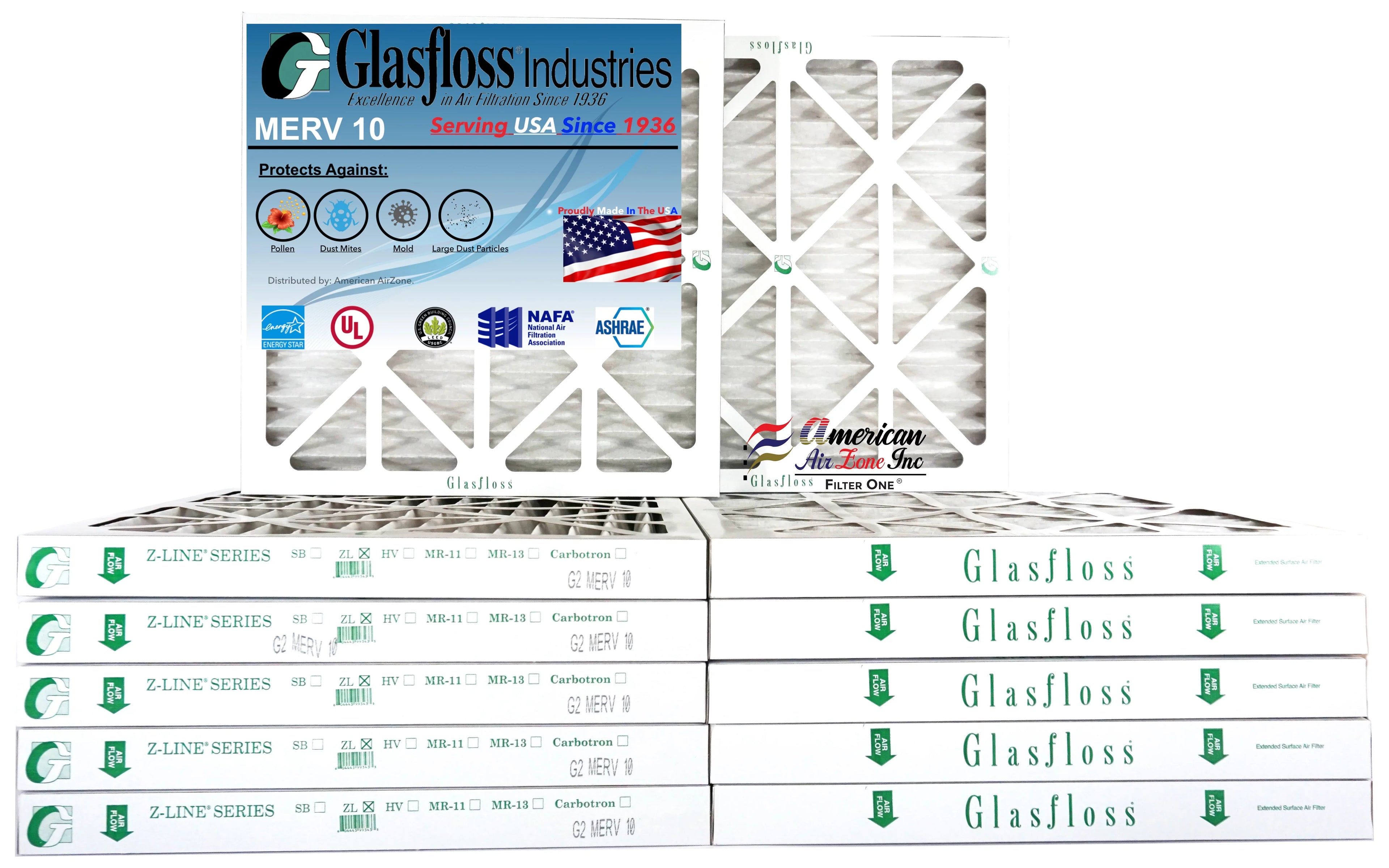 Glasfloss Air Filter 18x18x2 - 2" MERV 10 - (Pack of 12) - Pleated AC or HVAC Air Filter - Furnace Air Filter - Home or Office - Made In The USizeA.