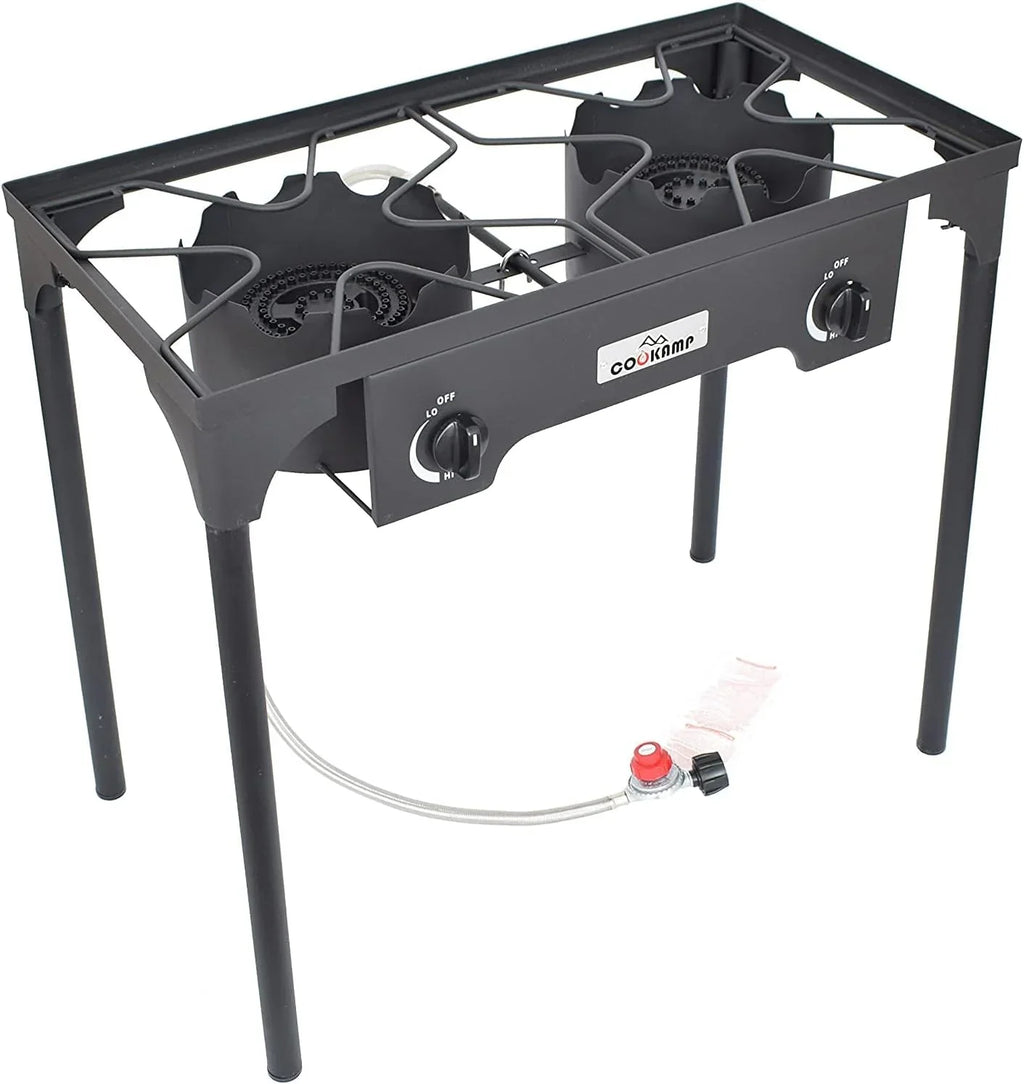 High Pressure Banjo Outdoor Camp Sizetove with Adjustable Height. 0-20 PSizeI Adjustable Regulator and Sizeteel Braided Hose (2-Burner)