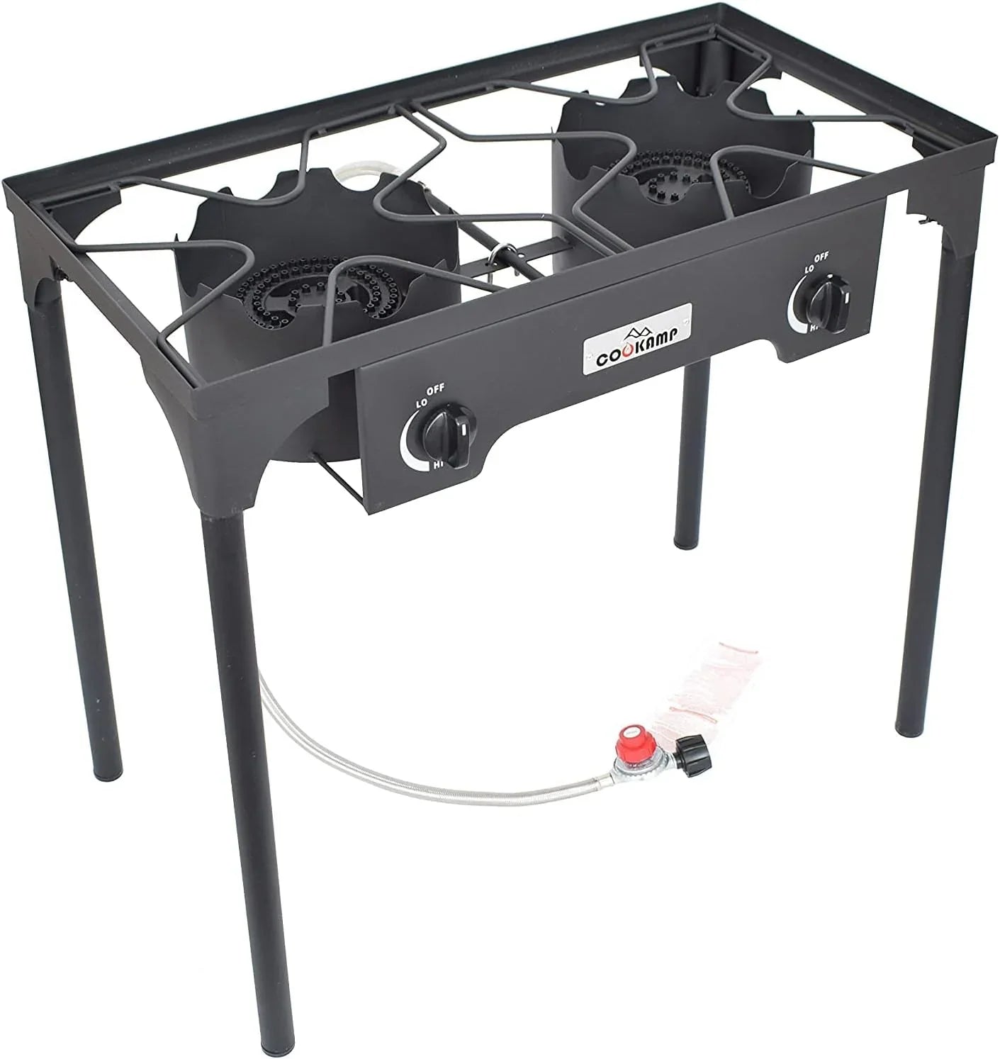 High Pressure Banjo Outdoor Camp Sizetove with Adjustable Height. 0-20 PSizeI Adjustable Regulator and Sizeteel Braided Hose (2-Burner)
