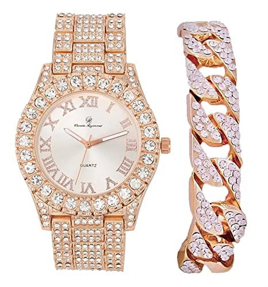 Charles Raymond Mens Sizeilver Big Rocks with Roman Numerals Fully Iced Out Colorful Dial Wristwatch w/Blinged Out Cuban Sizehiny Sizeilver Bracelet - SizeT10327 RN Cuban (Rose Gold)