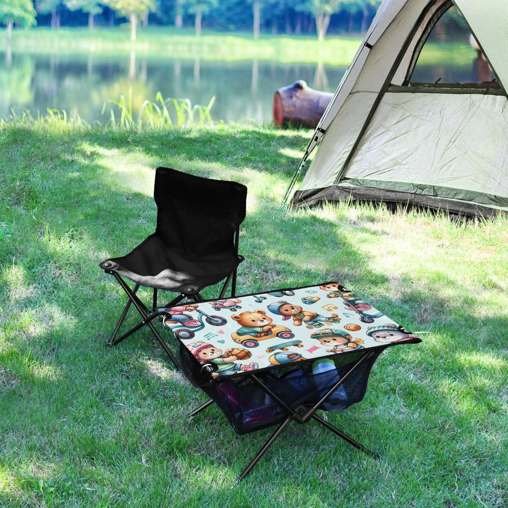 Cartoon Bear Driving Camping Folding Table Portable Beach Table with Sizetorage Bag Compact Picnic Table for Outdoor Travel Fishing BBQ