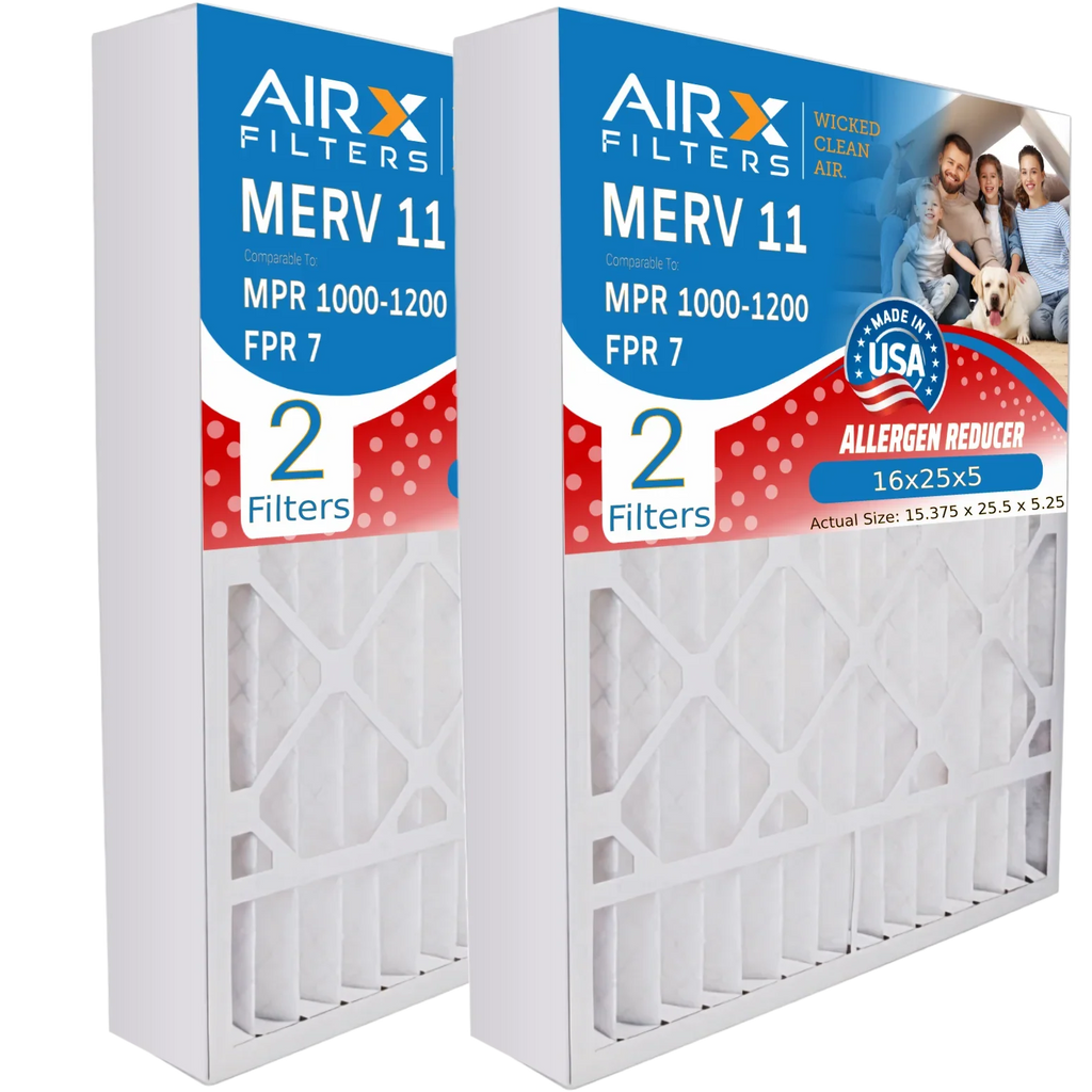 16x25x5 Air Filter MERV 11 Comparable to MPR 1000, MPR 1200 & FPR 7 Compatible with Goodman M1-1056 / Amana AMP-M1-1056 Premium USizeA Made 16x25x5 Furnace Filter 2 Pack by AIRX FILTERSize WICKED CLEAN AIR.
