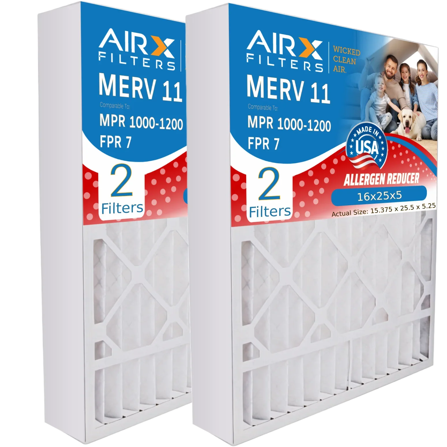 16x25x5 Air Filter MERV 11 Comparable to MPR 1000, MPR 1200 & FPR 7 Compatible with Goodman M1-1056 / Amana AMP-M1-1056 Premium USizeA Made 16x25x5 Furnace Filter 2 Pack by AIRX FILTERSize WICKED CLEAN AIR.