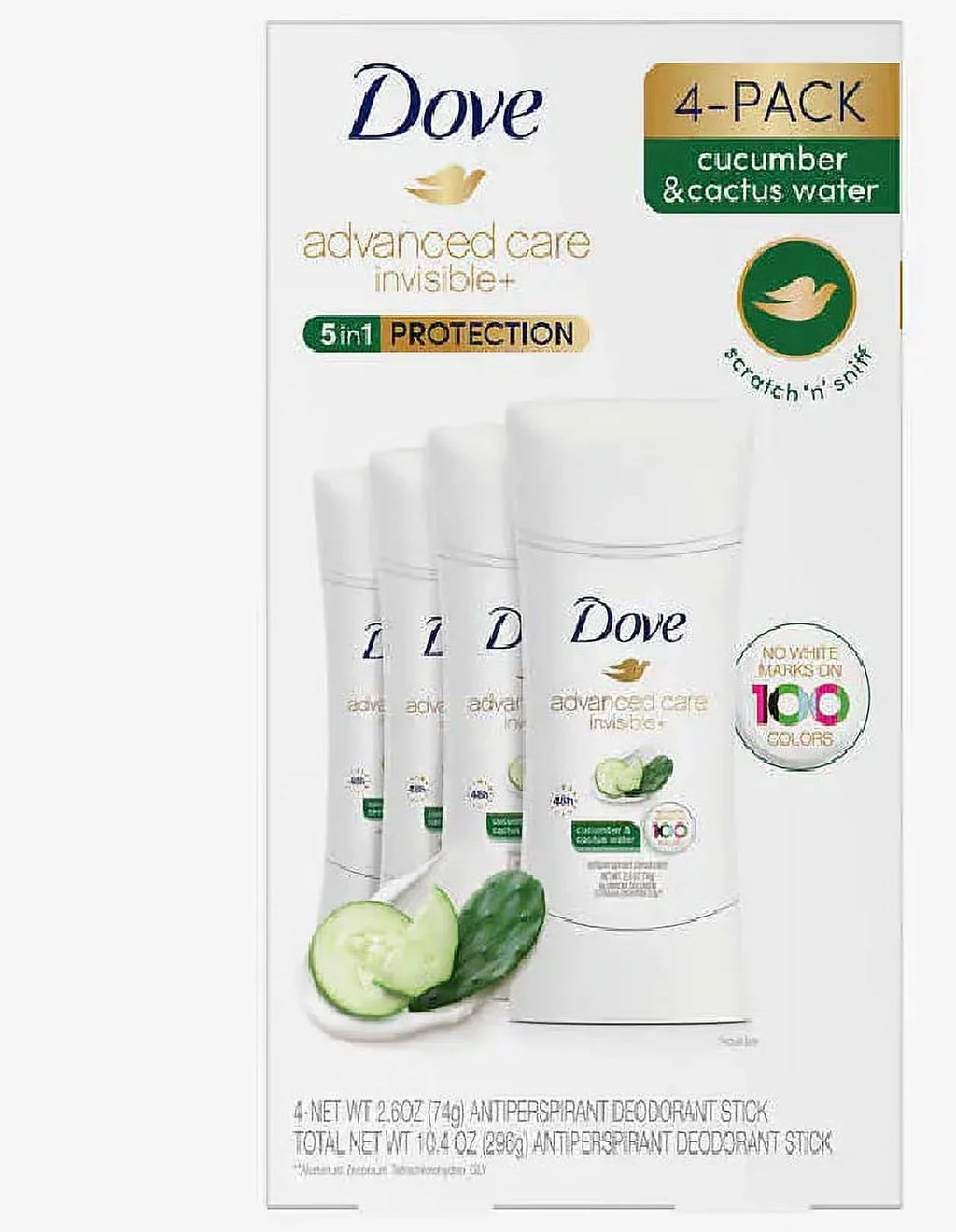 Dove Advanced care invisible - Cucumber & Cactus water - 5 in 1 Protection. Pack of 4 - 2.6 Oz. each, Total 10.4 Oz.