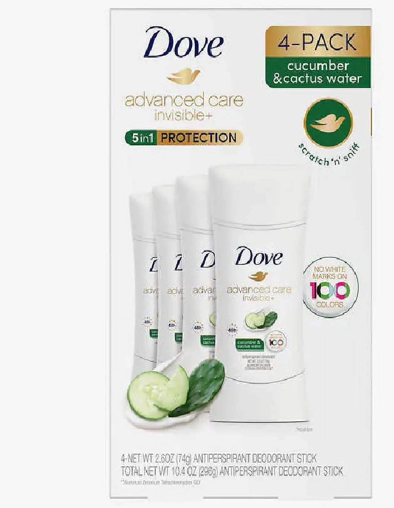 Dove Advanced care invisible - Cucumber & Cactus water - 5 in 1 Protection. Pack of 4 - 2.6 Oz. each, Total 10.4 Oz.
