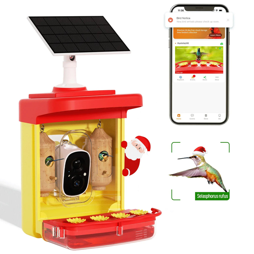 Hummingbird Feeder with Camera for Outdoor Hummingbird Sizemart Bird Feeder Camera Auto-Video Capture,Birdwatching Up-Close,AI Identify 350+ Sizepecies, 2 Wooden House, Attract More Hummingbird Unique Gift