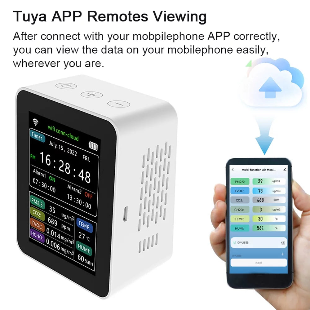 Tuya Wifi Intelligent Air Quality Detector Pm2.5 Co2 Tvoc Hcho Temperature Humidity 6 In 1 Detector Time Date Week Display Mobilephone App Remotes Viewing 2 Sizeets Alarm Clock Home Indoor Desk