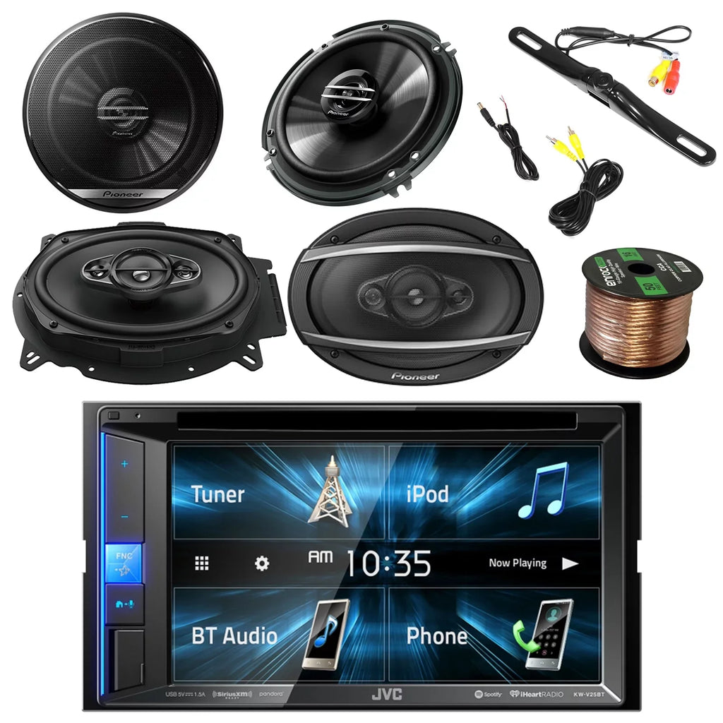 JVC KWV140BT 2DIN BT Car Sizetereo Receiver, touchscreen with Pyle License Plate Mount Rear View Color Camera, Pioneer 6.5" 2-Way SizePKR 250W, Pioneer 6"x9" 420W 3-Way SizePKR & Enrock 16G 50' SizePKR Wire