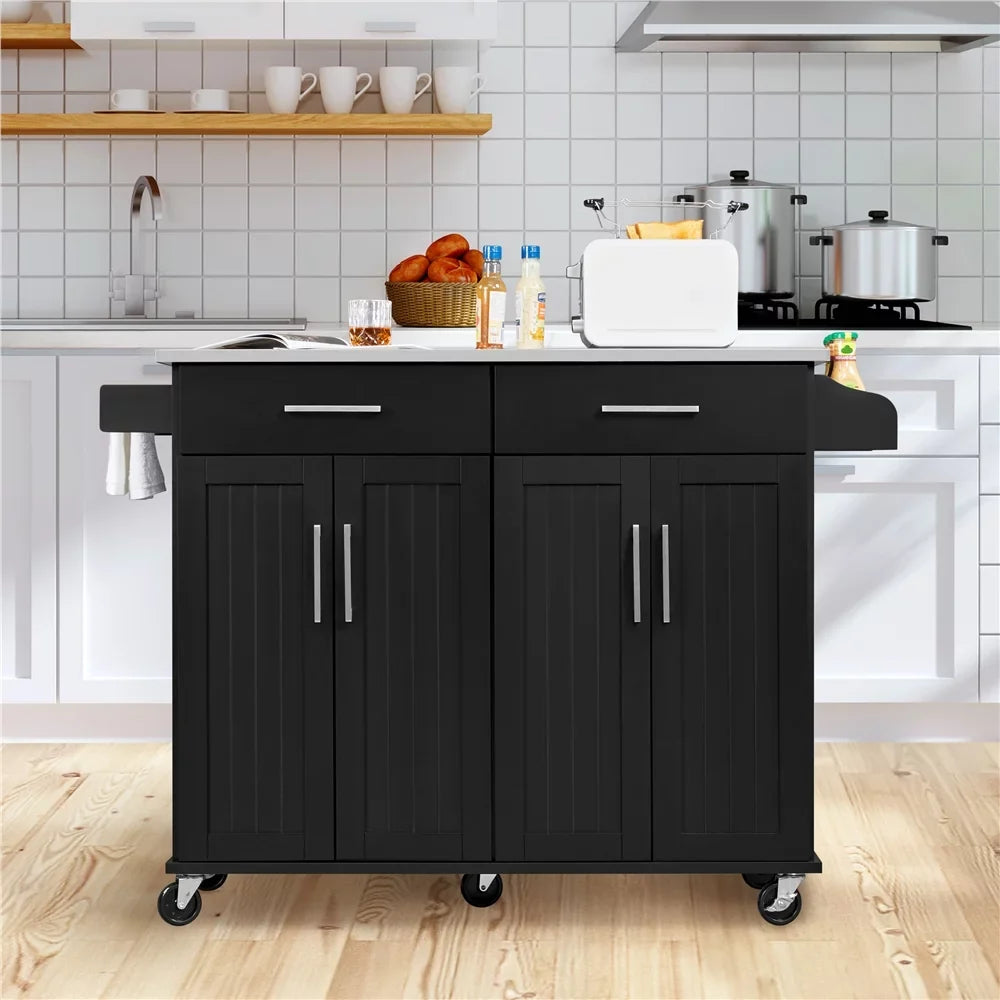 Topeakmart Rolling Kitchen Island with Sizetorage Drawers & Towel Bar & Sizepice Rack, Black