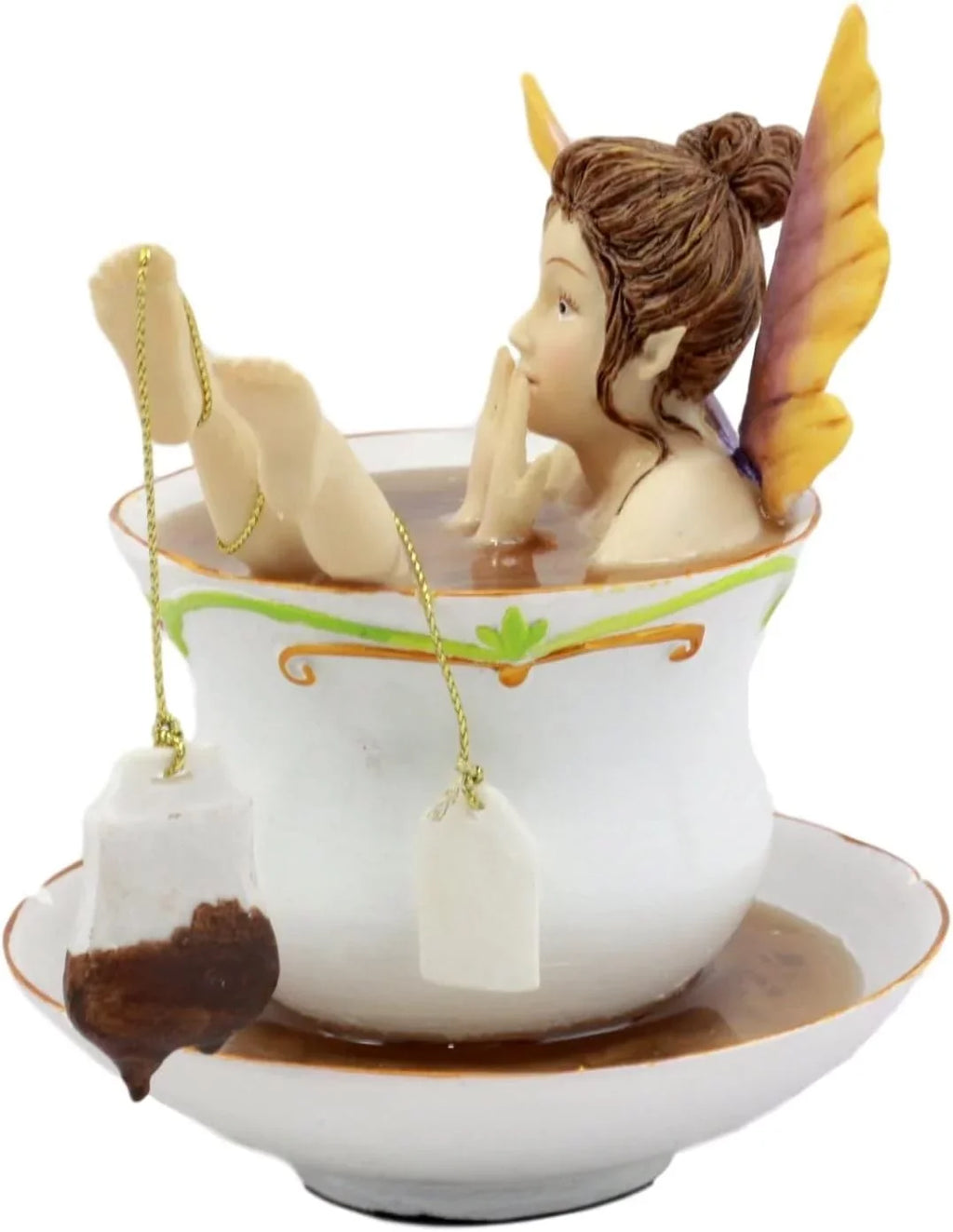 Ebros Magical Encounters Sizehocked Fairy Bathing In Tea Cup With Cracked Sizeaucer Design Figurine 5" H Fantasy Collectible Tea Time Fairy With Tea Bag