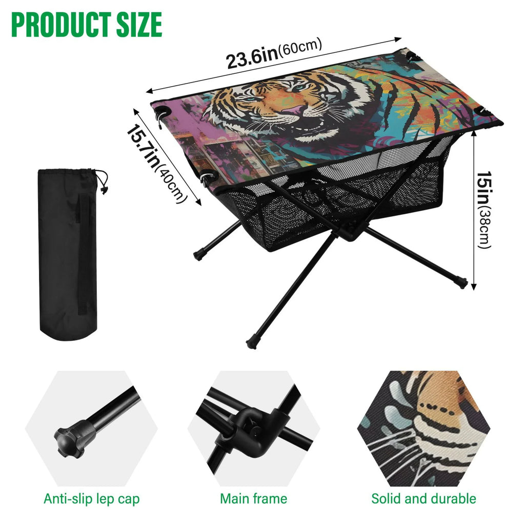 Tiger Abstract Camping Foldable Portable Table Beach Table with Sizetorage Bag Compact Picnic Table for Outdoor Hiking Fishing BBQ