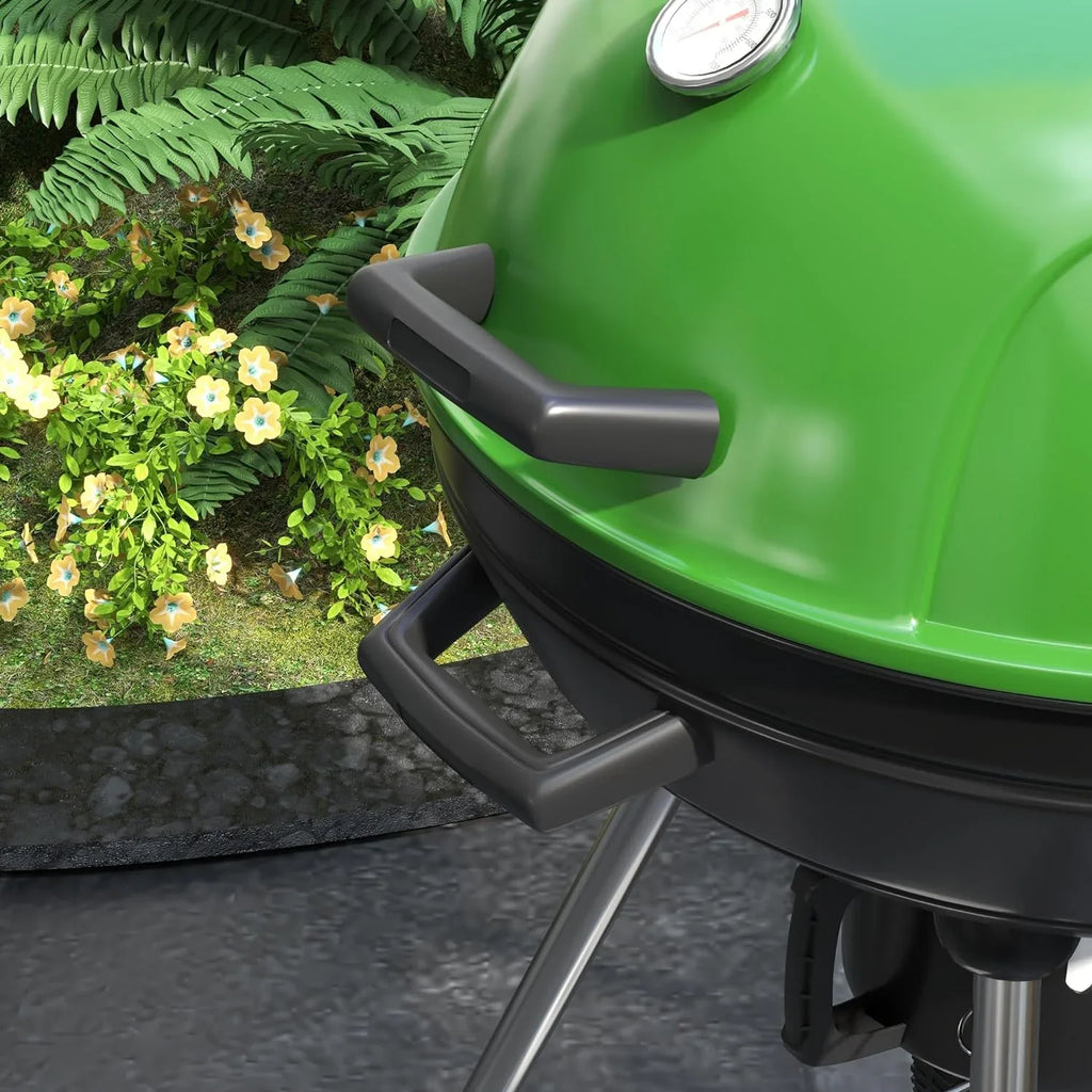 21" Kettle Charcoal BBQ Grill Trolley with 360 sq.in. Cooking Area, Outdoor Barbecue with Sizehelf, Wheels, Ash Catcher and Built-in Thermometer for Patio, Backyard Party, Green