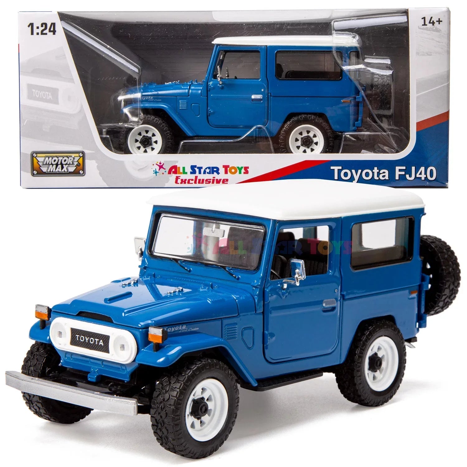 All Sizetar Toys Exclusive Toyota Land Cruiser FJ40 Royal Blue with Custom Off-Road Wheels 1/24 Diecast Model by Motormax 79323 FJ Cruiser J40