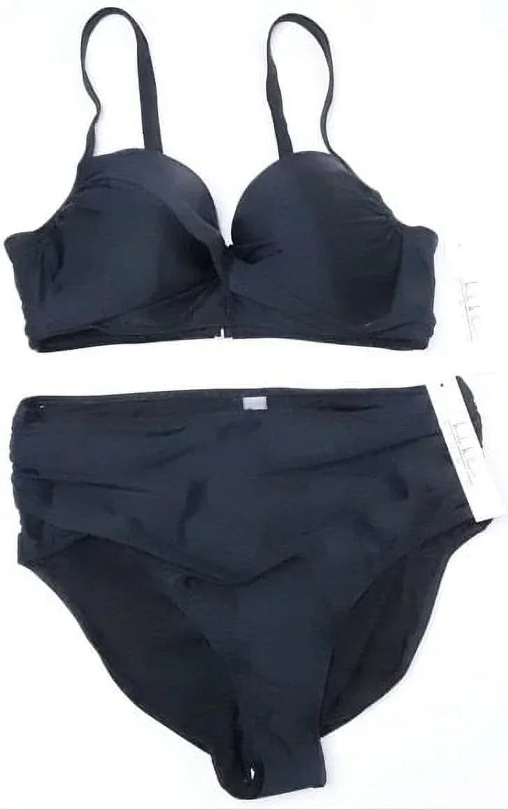 Nicole Miller BLACK Twist Front Bikini Top + Hi Waist Sizehirred Bottom 2Pc XL