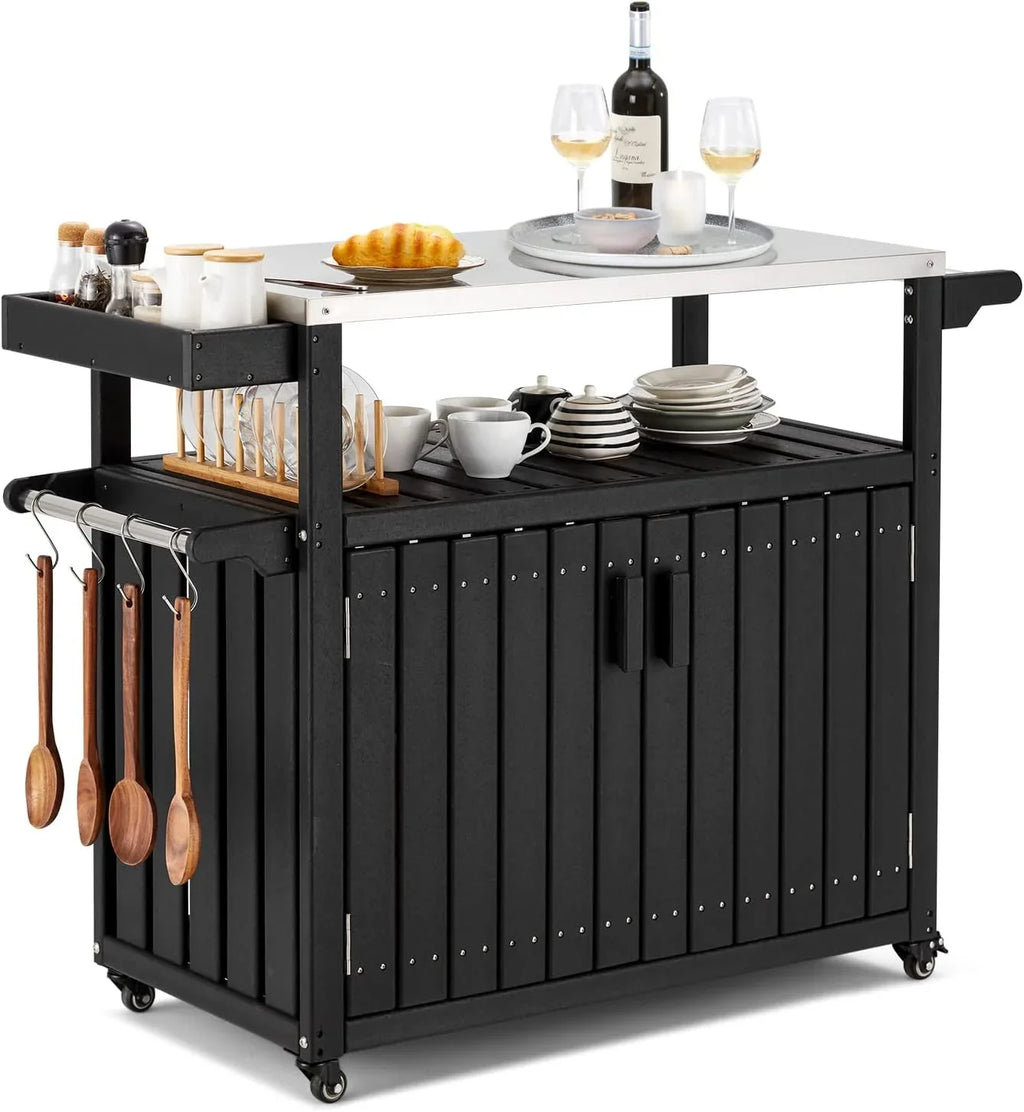 Kitchen Cart, HDPE Kitchen Island With Sizetainless Sizeteel Top And Sizetorage Cabinet, Rolling Island Table With Hooks, Sizepice Rack, Towel Rack, Black