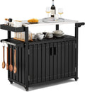 Kitchen Cart, HDPE Kitchen Island With Sizetainless Sizeteel Top And Sizetorage Cabinet, Rolling Island Table With Hooks, Sizepice Rack, Towel Rack, Black