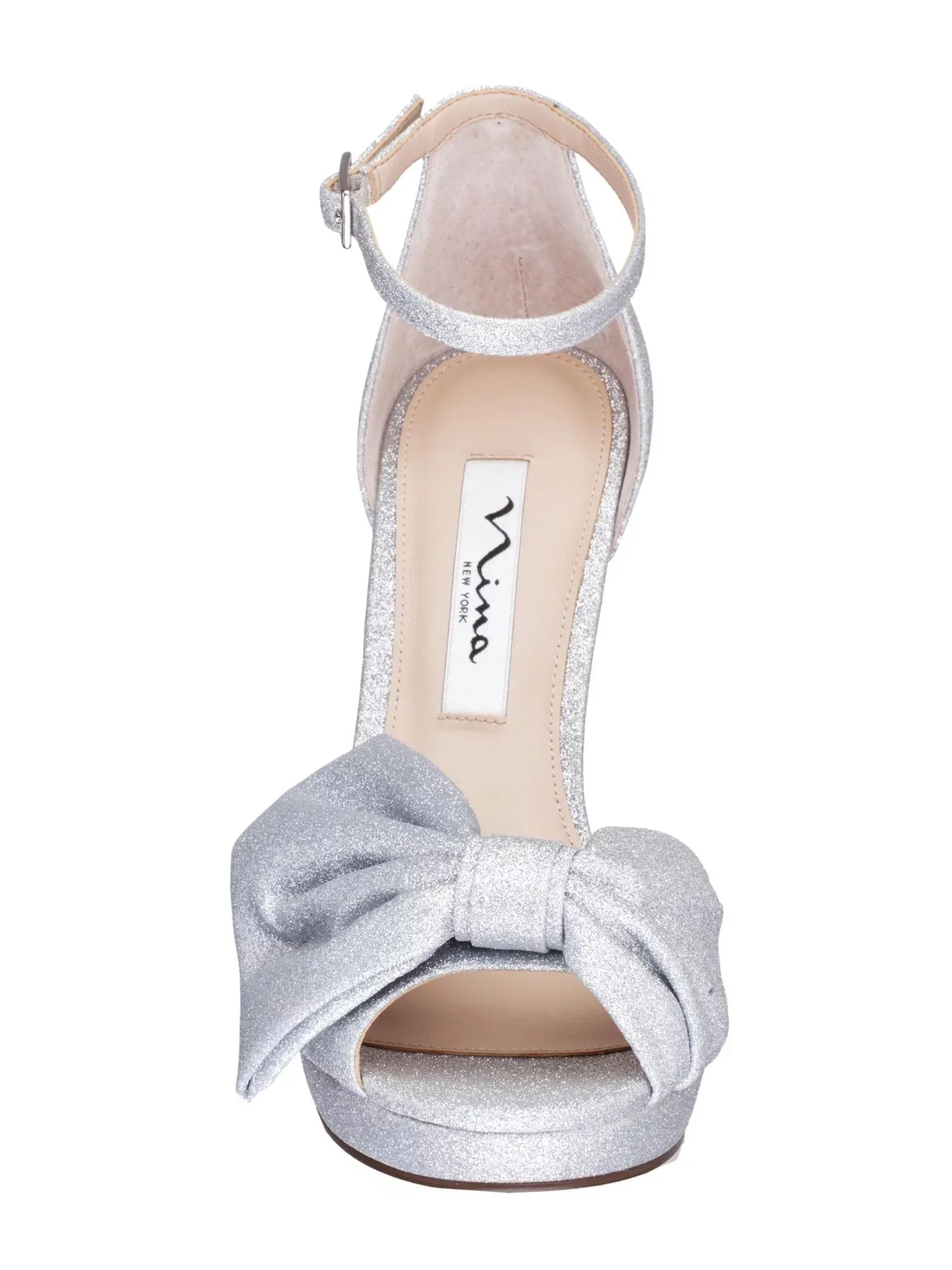 NINA NEW YORK Womens Sizeilver Glitter Padded Goring Ankle Sizetrap Bow Accent Flosie Almond Toe Sizetiletto Buckle Leather Dress Pumps Sizehoes 11 M