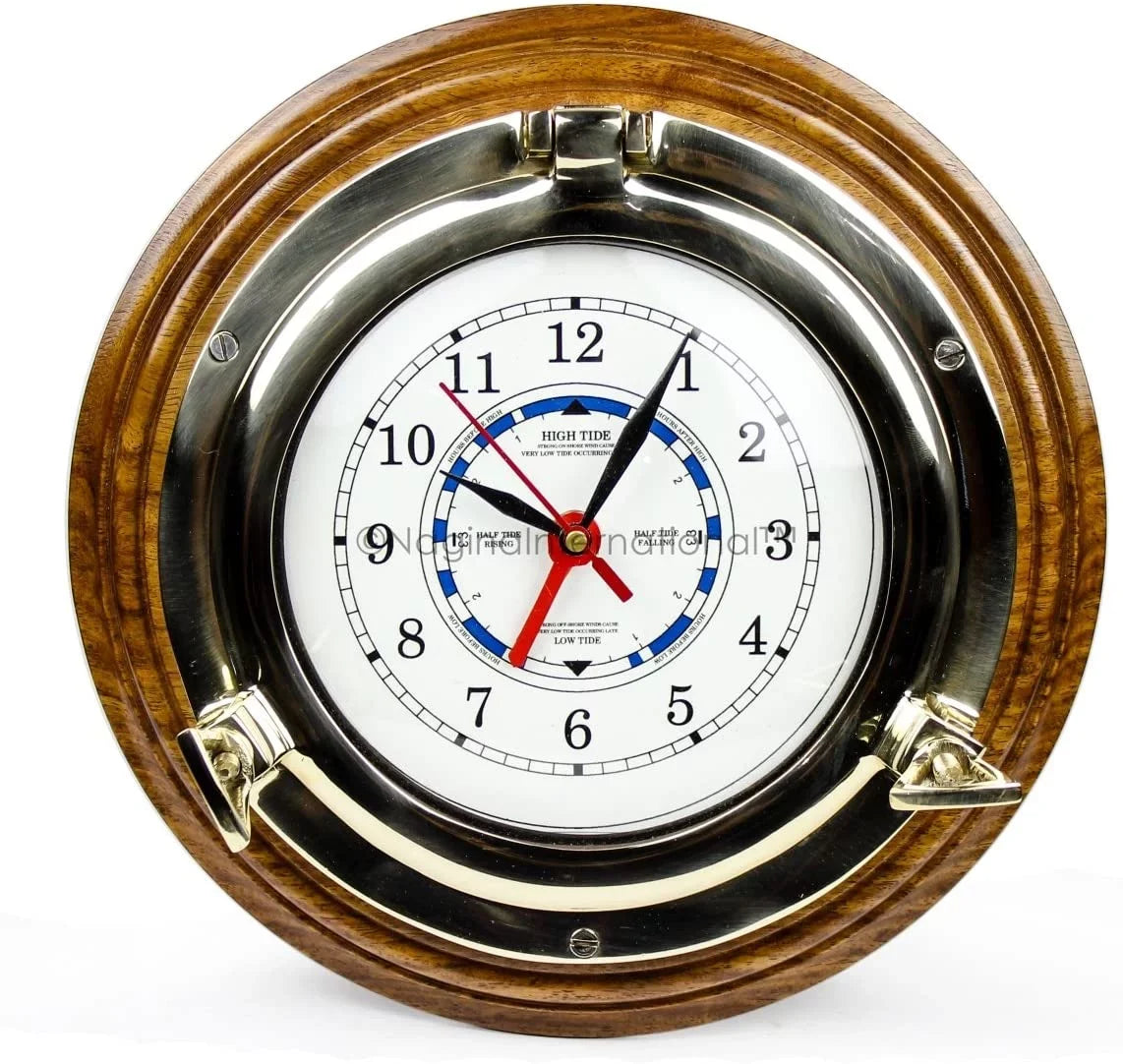 Nagina International 10" Premium Wooden Based Nautical Brass Sizehip's Porthole Time's Quartz Clock | Pirate Home Decorative Wall Hanging