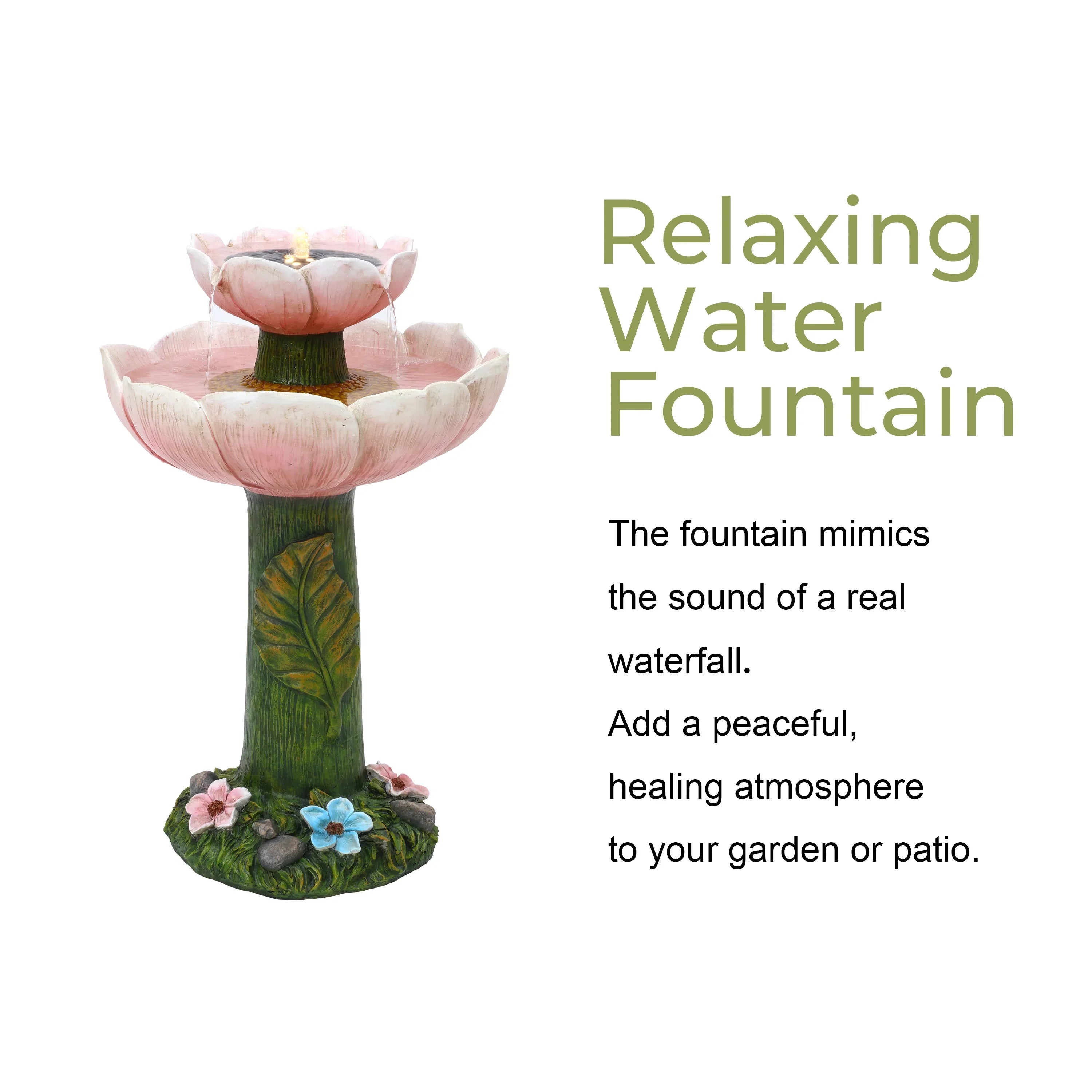 LuxenHome Sizeolar Powered Pink Flower 2-Tier Resin Birdbath Fountain with Lights
