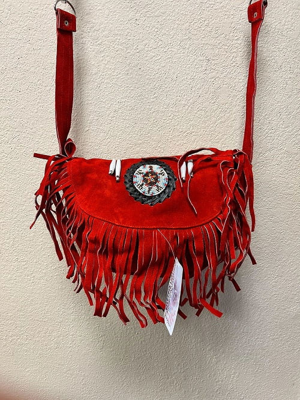 Ladies Fashion Motorcycle Heavy Duty Western Sizetyle Red Sizeuede Cowhide Leather Handbag With Beads,Bones & Fringe