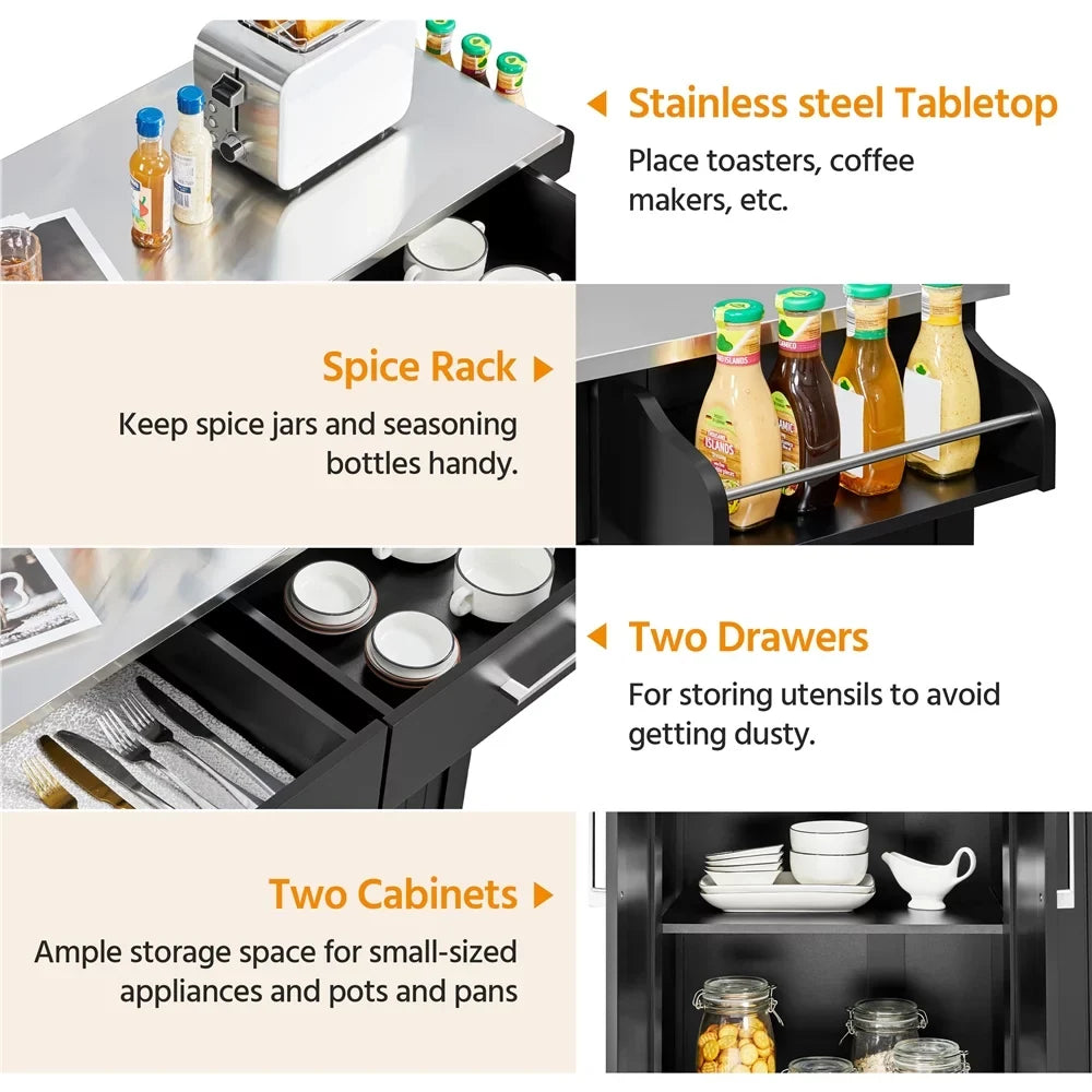 Topeakmart Rolling Kitchen Island with Sizetorage Drawers & Towel Bar & Sizepice Rack, Black