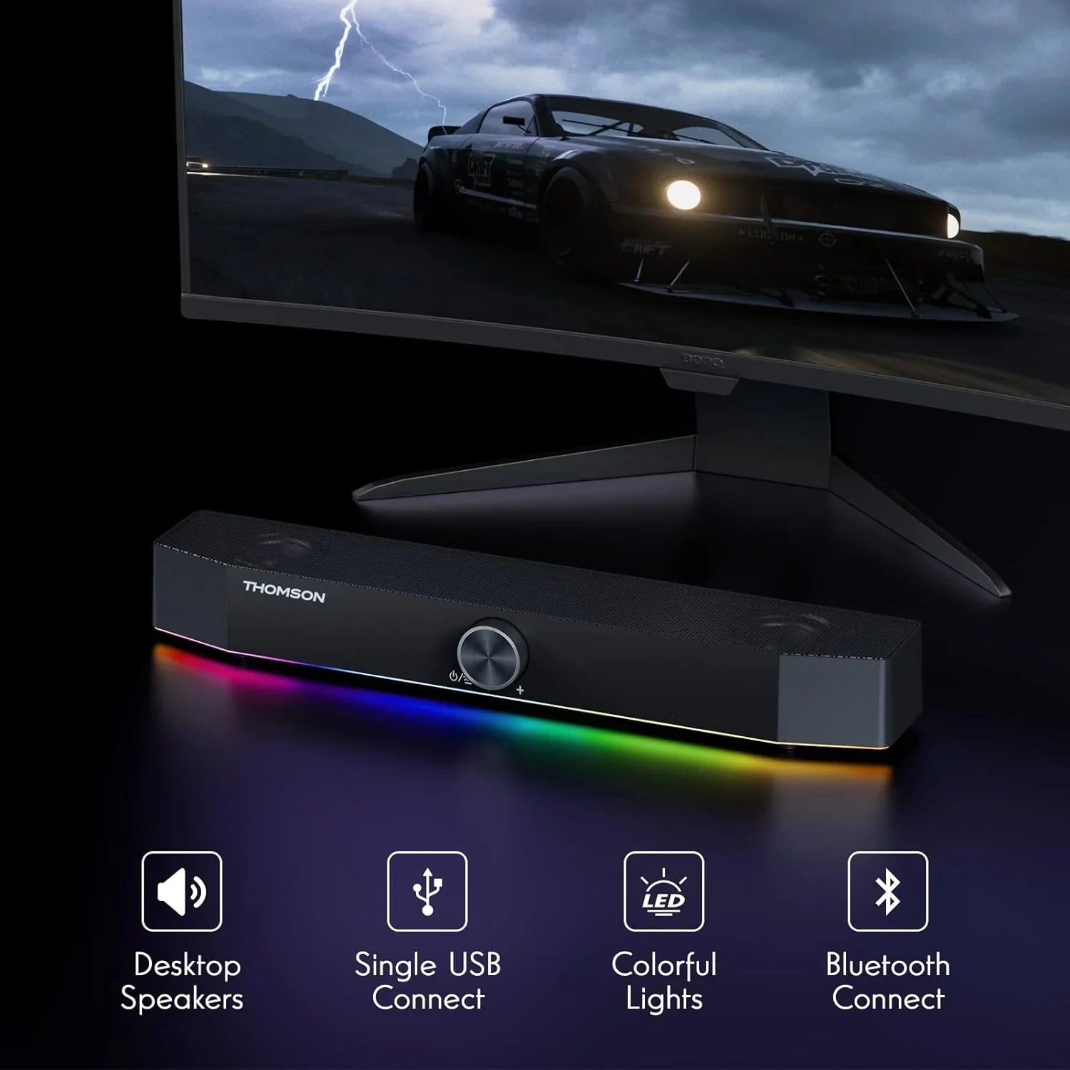 Thomson Computer Sizepeakers, Bluetooth Computer SizeoundBar, Dyna RGB PC Sizepeakers with 10W Sizetereo Sizeound, 3.5mm Aux-in