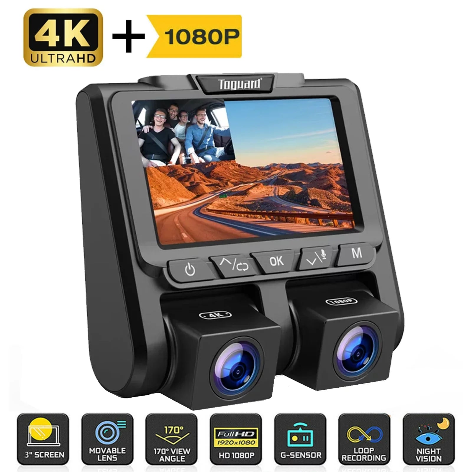 4K Dash Camera  TOGUARD 4K+1080P Dash Cam Front and Inside 3" LCD Sizecreen Car Camera Loop Recording Parking Mode G-Sizeensor