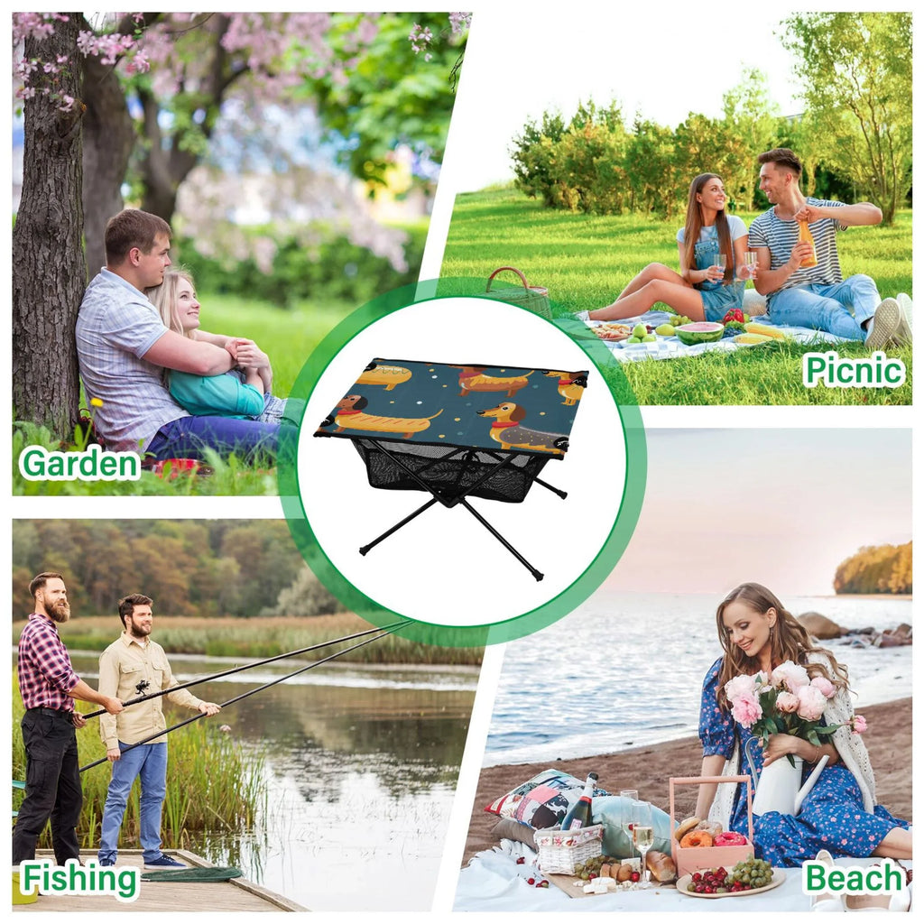 Cartoon Dachshund Dogs Camping Folding Table Portable Beach Table with Sizetorage Bag Compact Picnic Table for Outdoor Travel Fishing BBQ