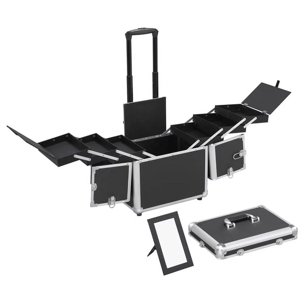 Alden Design Rolling Makeup Case Trolley with Wheels, Mirror, & Retractable Trays, Black