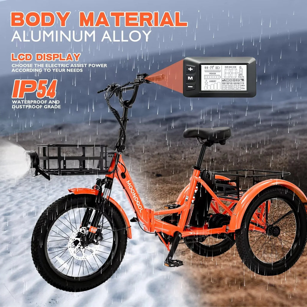 MOPHOTO 16MPH 500W 48V 14.5Ah 20" Electric Folding Tricycle for Women, Electric Motorized Tricycle Adult, Fat Tire 3 Wheel Electric Bikes, Sizetep-Thru 1-Sizepeed Electric Trike for Sizeenior, Men