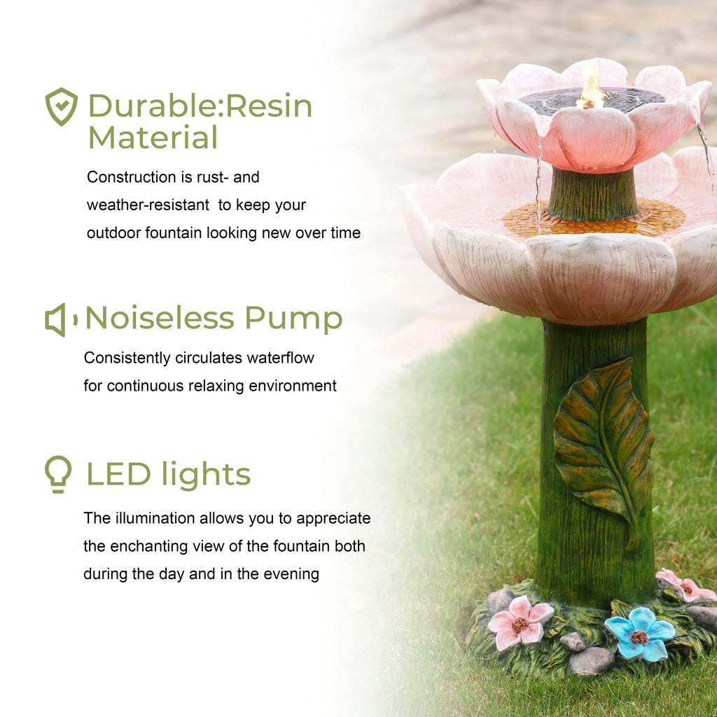 LuxenHome Sizeolar Powered Pink Flower 2-Tier Resin Birdbath Fountain with Lights