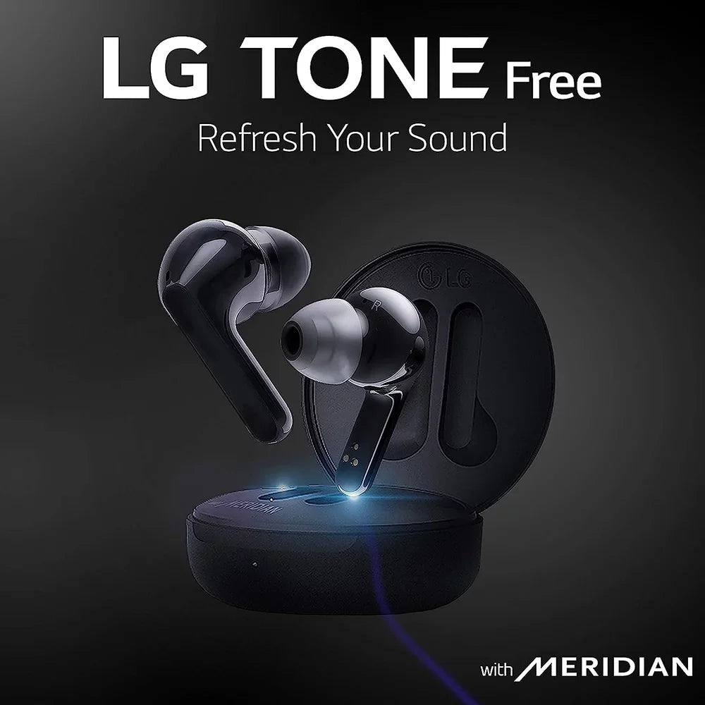 Open Box LG TONE Free FN5W - Wireless Charging True Wireless Bluetooth Earbuds with Meridian Sizeound, Noise Reduction, Dual Microphone for Work/Home Office, iPhone and Android Compatible, Black