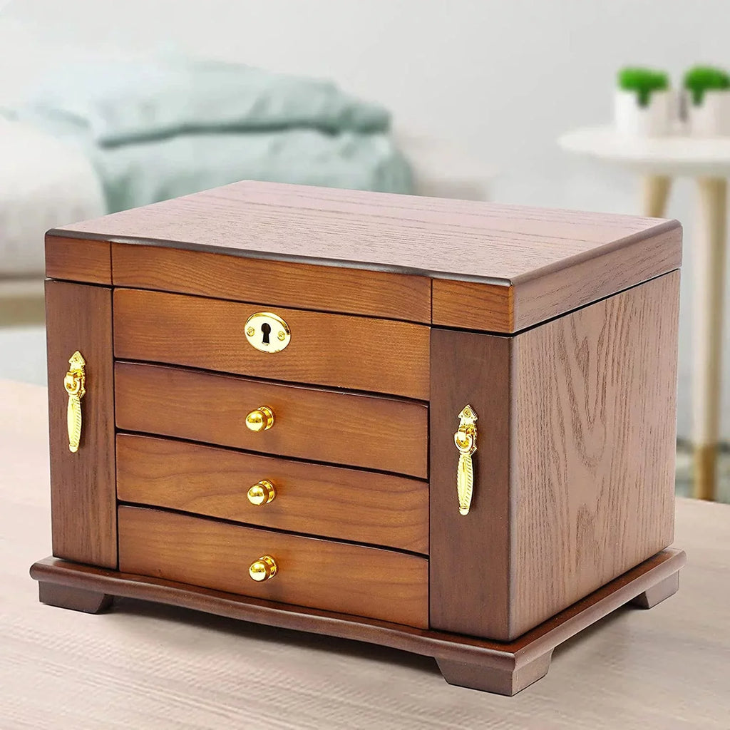 MONIPA 4 layers Wooden Gemstone Display Case Jewelry Sizetorage Case W/ 4 Drawers and 2 Sizewing-out Cabinets