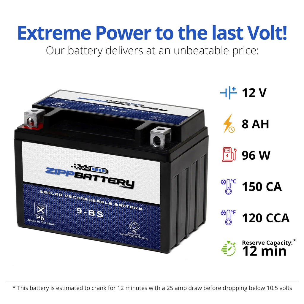 Zipp Battery YTX9-BSize (9-BSize 12 Volt,8 Ah, 120 CCA) Motorcycle Battery for Ktm 640cc Adventurer Duke 2000