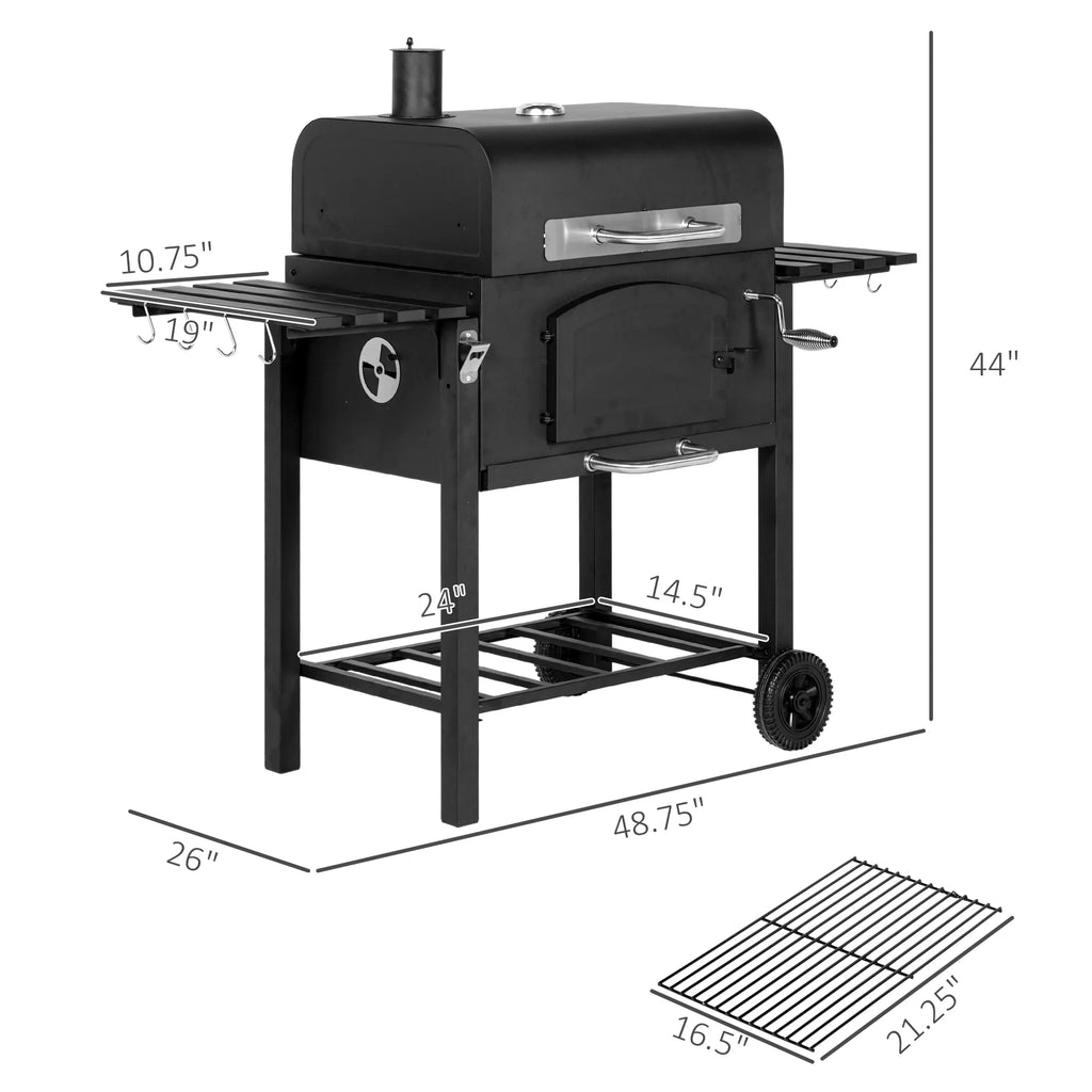 CoSizeoTower Charcoal Grill, BBQ with Adjustable Height, Portable Barbecue with Folding Sizehelves, Thermometer, Bottle Opener & Wheels for Outdoor Camping, Picnic, Patio, Backyard, Black
