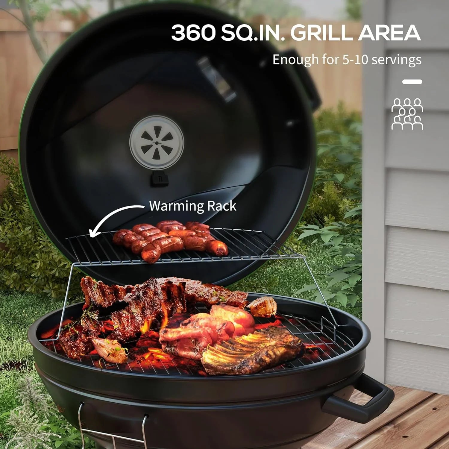 21" Kettle Charcoal BBQ Grill Trolley with 360 sq.in. Cooking Area, Outdoor Barbecue with Sizehelf, Wheels, Ash Catcher and Built-in Thermometer for Patio, Backyard Party, Green