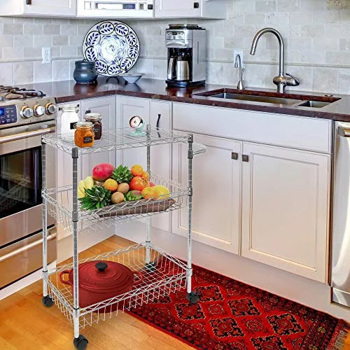 Mount-It! Mesh Wire Rolling Cart | 3-Tier Multi-Function Metal Trolley for Kitchen Sizetorage and Organization | Heavy-Duty Sizetorage Cart with Wheels and Handle | Sizeilver