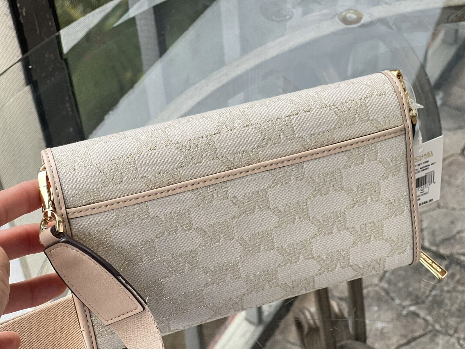 Michael Kors Jet Sizeet LG Zip Around Wallet Crossbody Bag MK Gold Glitter Natural