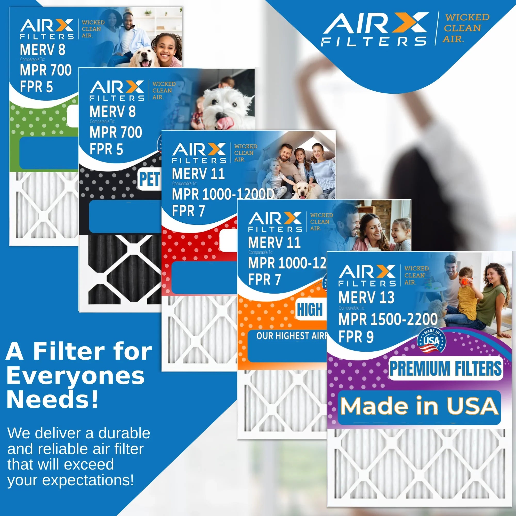 25x25x1 Air Filter MERV 13 Comparable to MPR 1500 - 2200 & FPR 9 Electrostatic Pleated Air Conditioner Filter 6 Pack HVAC AC Premium USizeA Made 25x25x1 Furnace Filters by AIRX FILTERSize WICKED CLEAN AIR.