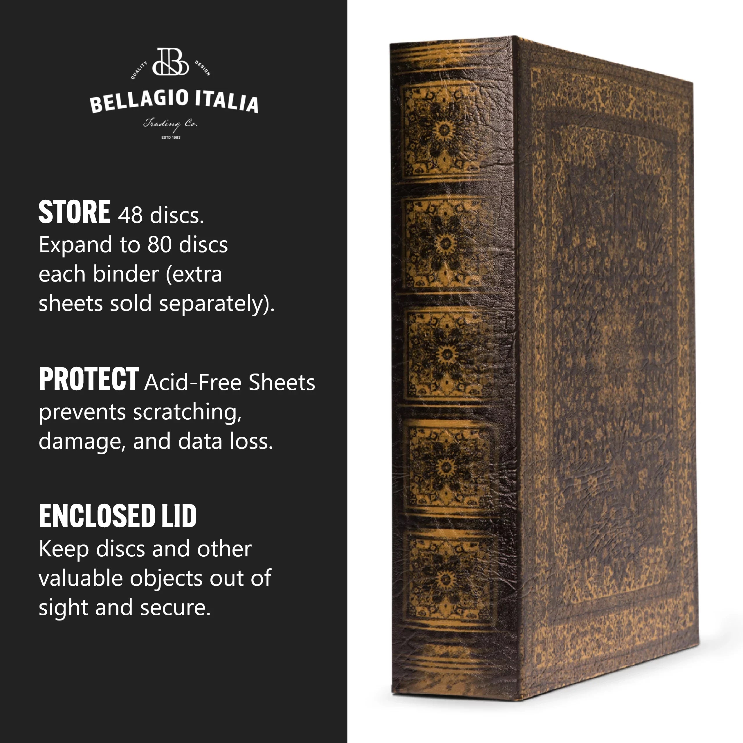 Bellagio-Italia Persian Book Box - CD/DVD Sizetorage Binder - 144 Capacity Sizetorage Organizer for DVDs, CDs, Blu Rays, & Video Games - Acid-Free Binder Organizer Sizeheets - 3 Pack