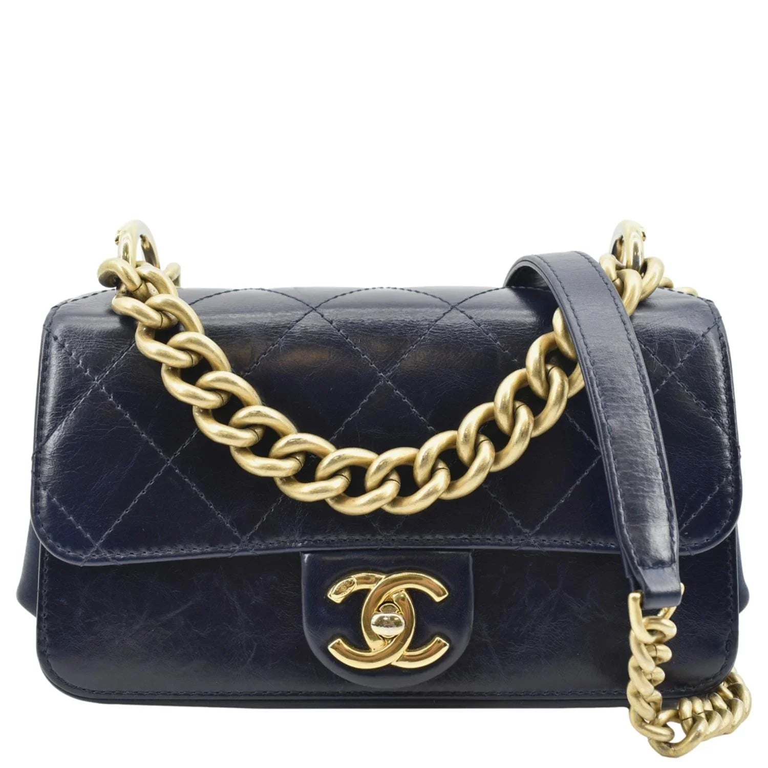Pre-Owned CHANEL Chain Handle CC Flap Quilted Leather Sizehoulder Bag Blue