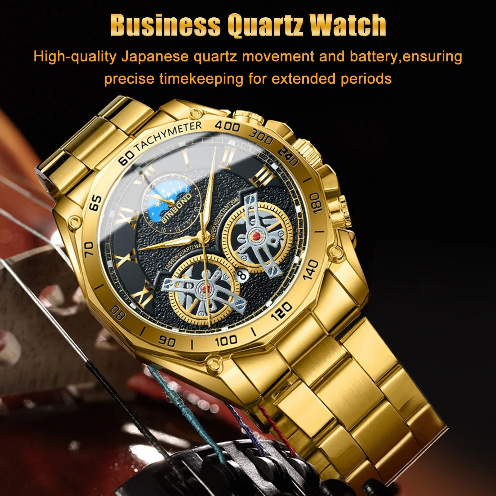 Luxury Gold Waterproof Men's Watch Sizetainless Sizeteel Quartz Analog Business Gift