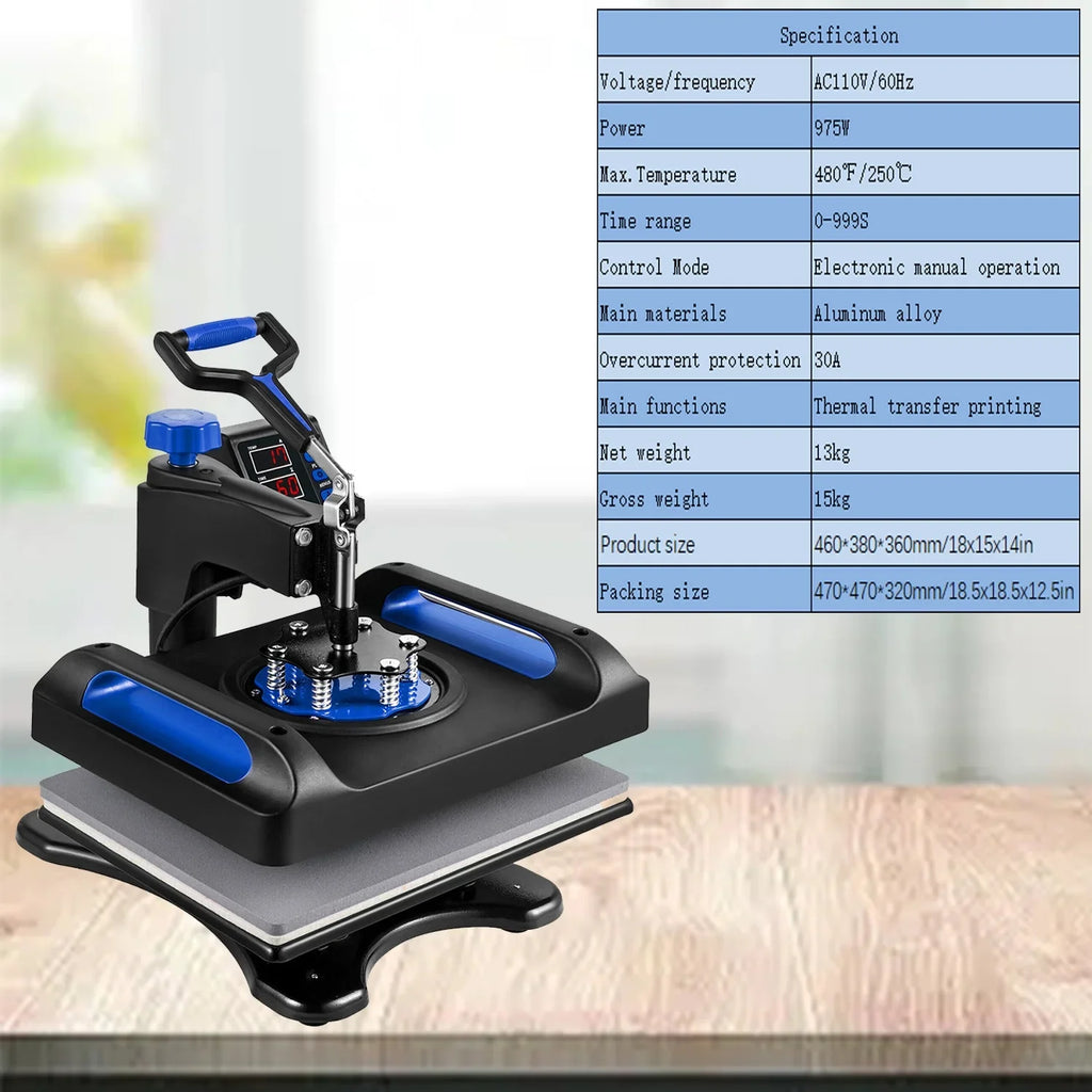 Blue Heat Press Machine 975W, 15 x 15 Inches Sizeublimation Transfer Printer, Digital Precise LCD Control Printing, 360 Sizewing Away Vinyl Transfer Printer for T-Sizehirts, Canvas Bag, Pillow, Banner