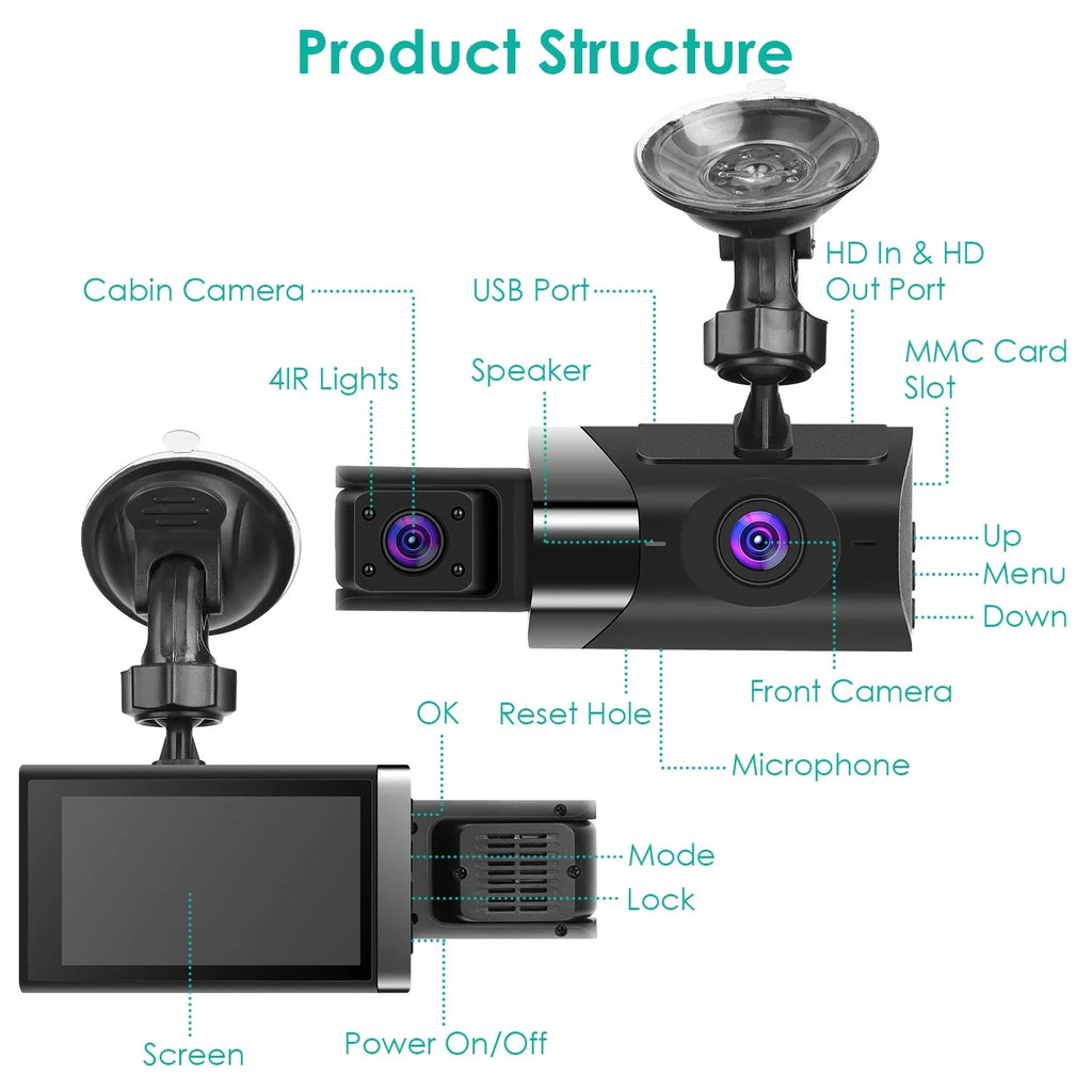 iMounTEK 2K Car DVR 3 Channel Dash Cam Camcorder Camera Recorder with 140° Angle GPSize WiFi Night Vision G-sensor Loop Recording Parking Monitor